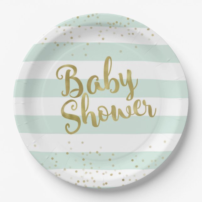 Faux Gold Foil, Mint Green Stripes Baby Shower Paper Plate (Front)