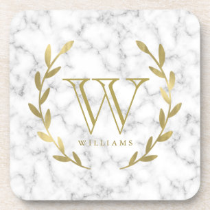 Faux Gold Foil Monogram on Marble Texture Coaster