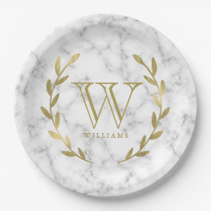 Faux Gold Foil Monogram on Marble Texture Paper Plate