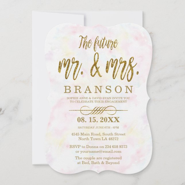 Faux Gold Foil Mr. and Mrs. Typography Engagement Invitation (Front)
