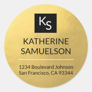 Faux GOLD FOIL Name MONOGRAM & Return Address Classic Round Sticker