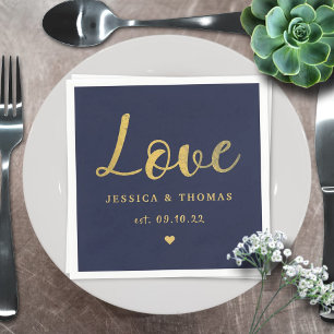 Faux Gold Foil & Navy Blue Custom Love Wedding Napkin