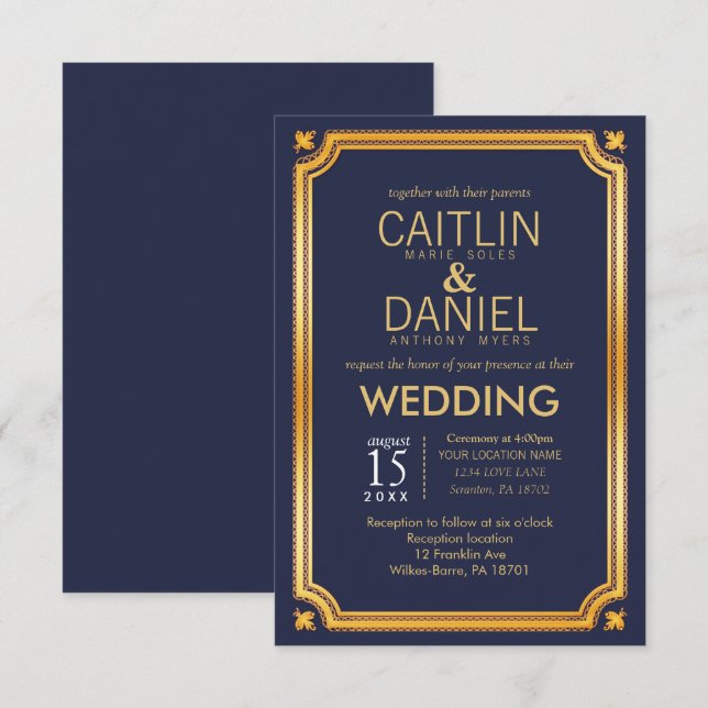 Faux Gold Foil Navy Blue Elegant Script Wedding Invitation (Front/Back)