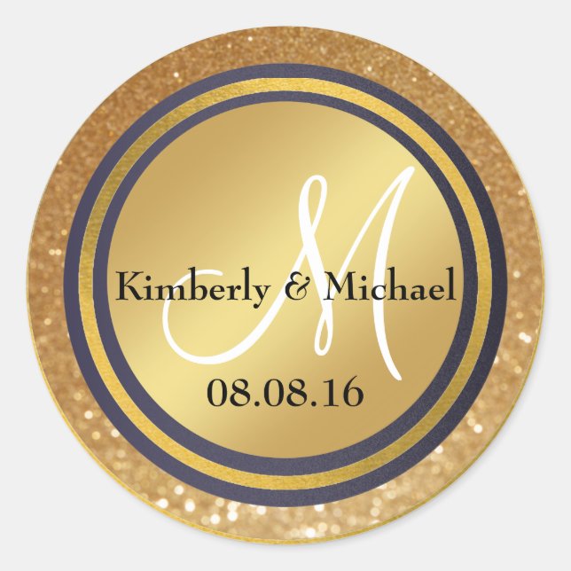 Faux Gold Foil Navy Blue Monogram  Classic Round Sticker (Front)