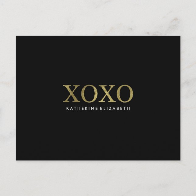 Faux Gold Foil on Black XOXO Flat Thank You Card (Front)