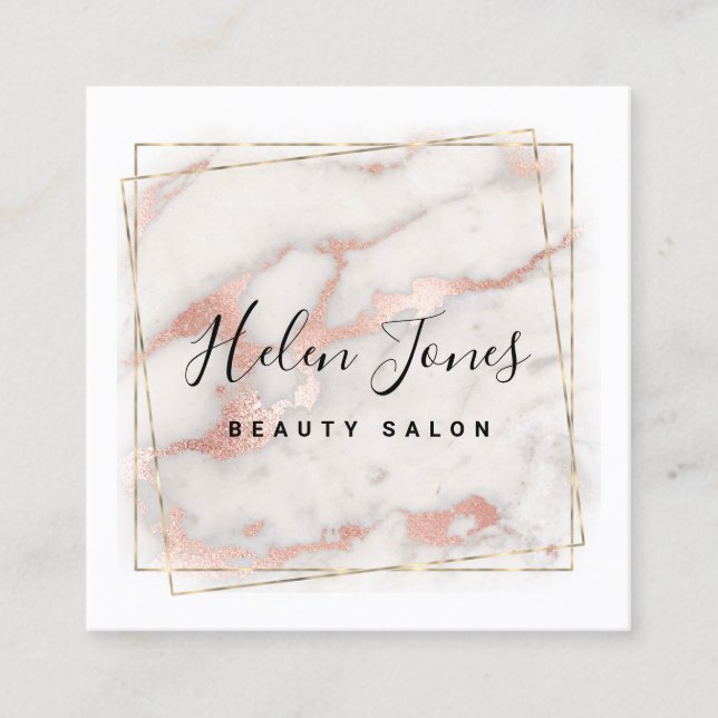 FAUX gold foil on rose gold marble design Square Business Card (Front)