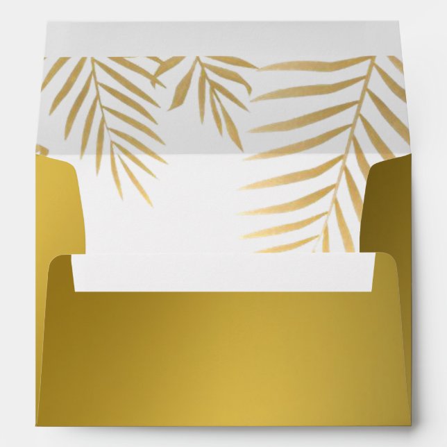 Faux Gold Foil Palm Leaves Tropical Beach Wedding Envelope (Back (Bottom))