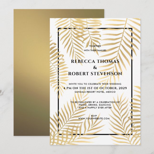 Faux Gold Foil Palm Leaves Tropical Beach Wedding Invitation (Front/Back)