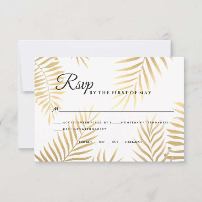 Faux Gold Foil Palm Leaves Tropical Beach Wedding RSVP Card (Front)