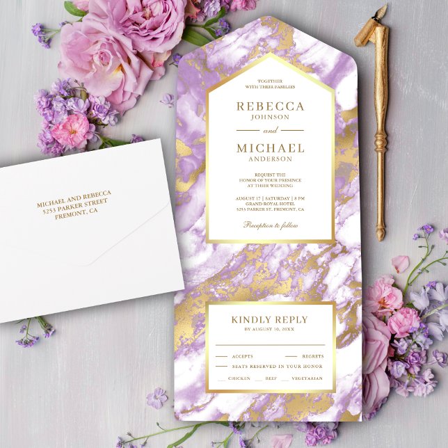 Faux Gold Foil Pastel Lavender Marble Wedding All In One Invitation (Creator Uploaded)