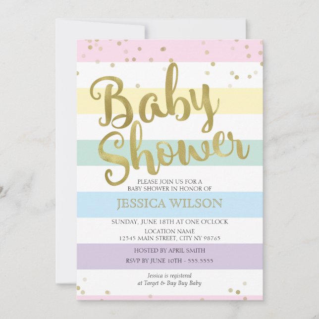 Faux Gold Foil, Pastel Rainbow Stripes Baby Shower Invitation (Front)