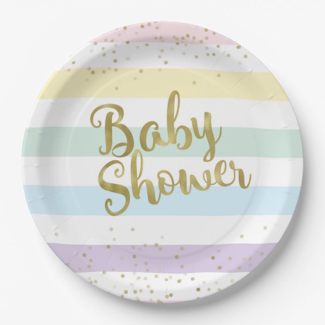 Faux Gold Foil, Pastel Rainbow Stripes Baby Shower Paper Plate (Front)