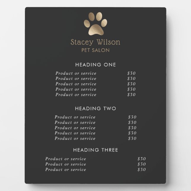 Faux Gold Foil Paw Print Logo And Charcoal Plaque (Front)