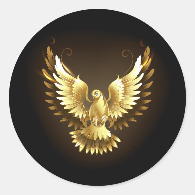 Faux Gold Foil Peace Dove on Black Classic Round Sticker (Front)