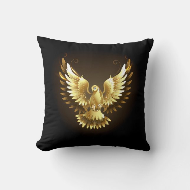 Faux Gold Foil Peace Dove on Black Cushion (Front)