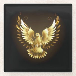 Faux Gold Foil Peace Dove on Black Glass Coaster