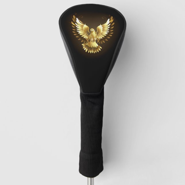 Faux Gold Foil Peace Dove on Black Golf Head Cover (Front)