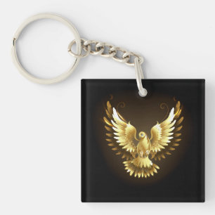 Faux Gold Foil Peace Dove on Black Key Ring