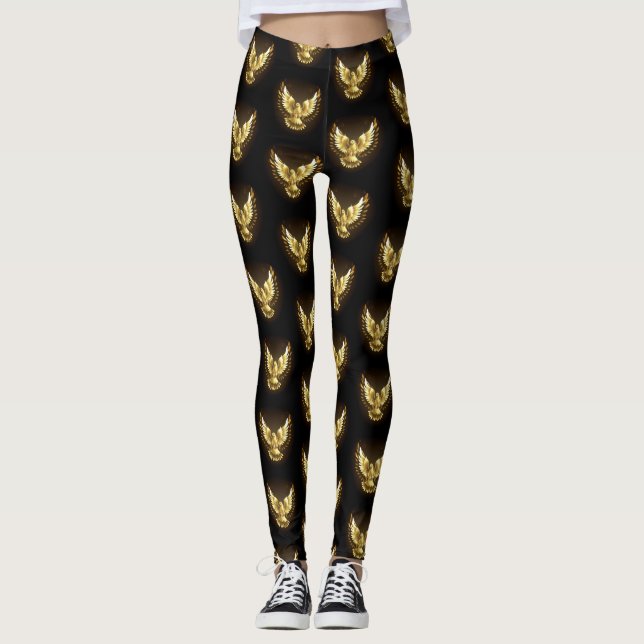 Faux Gold Foil Peace Dove on Black Leggings (Front)