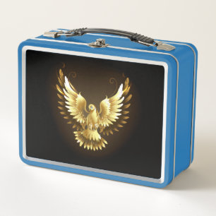 Faux Gold Foil Peace Dove on Black Metal Lunch Box
