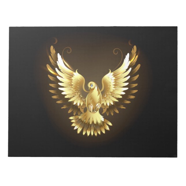 Faux Gold Foil Peace Dove on Black Notepad (Front)