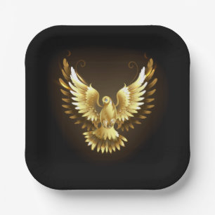 Faux Gold Foil Peace Dove on Black Paper Plate