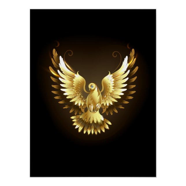 Faux Gold Foil Peace Dove on Black Poster (Front)