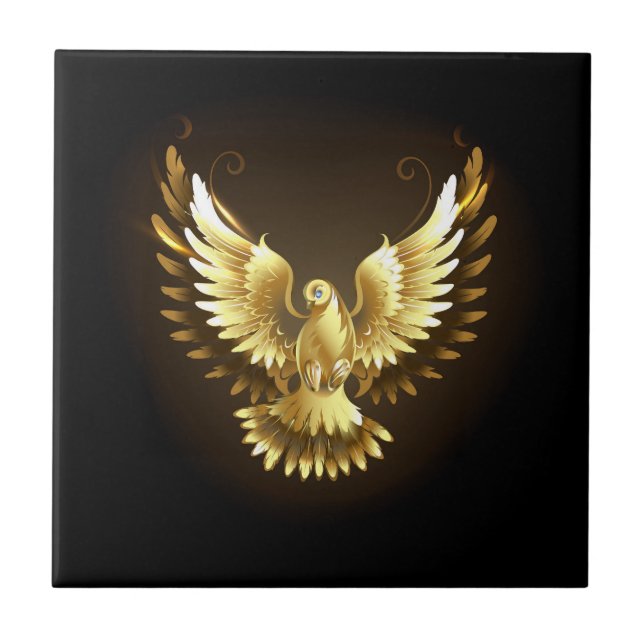 Faux Gold Foil Peace Dove on Black Tile (Front)