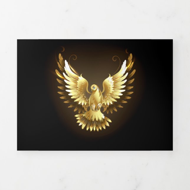 Faux Gold Foil Peace Dove on Black Tri-Fold Invitation (Cover)