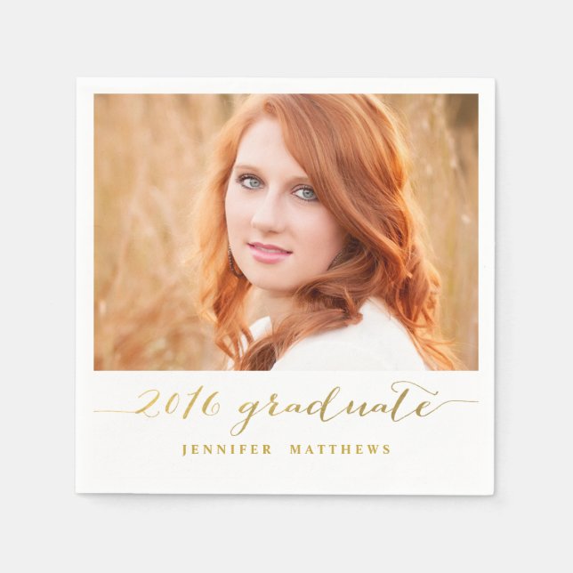 Faux Gold Foil Photo | Graduate Paper Napkins (Front)
