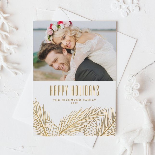Faux Gold Foil Pine Needles and Pine Cones Photo Holiday Card (Creator Uploaded)