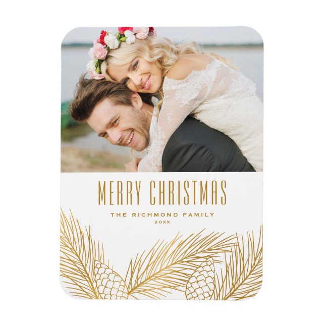 Faux Gold Foil Pine Needles Merry Christmas Photo  Magnet (Vertical)