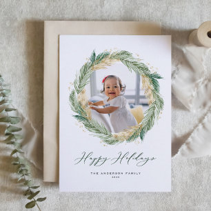 Faux Gold Foil Pine Needles Wreath Photo Holiday Card