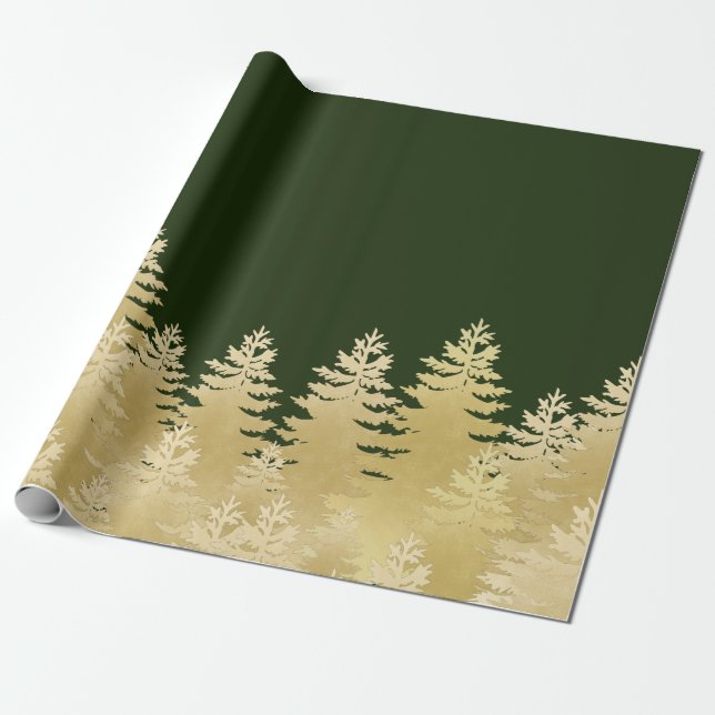 Faux Gold Foil Pine Trees Dark Green Background Wrapping Paper (Unrolled)