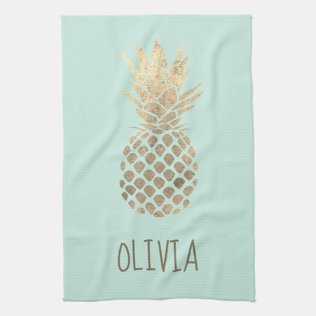 faux gold foil pineapple design on mint tea towel (Vertical)