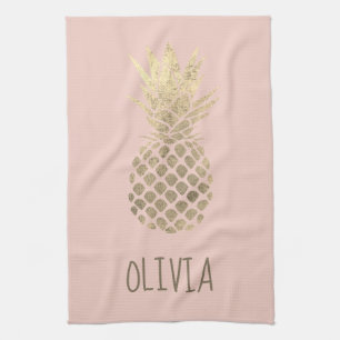 faux gold foil pineapple design on pink tea towel