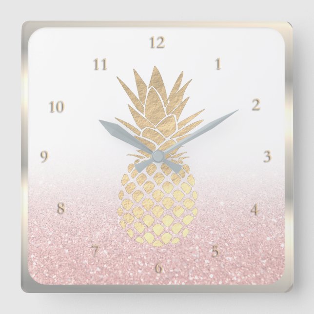 faux gold foil pineapple on faux glitter square wall clock (Front)