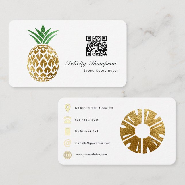 Faux Gold Foil Pineapple QR Code Business Card (Front/Back)