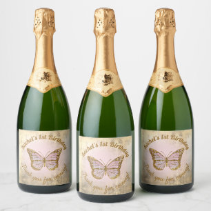faux gold foil pink glitter Butterfly Sparkling Wine Label