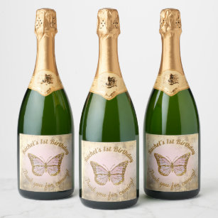 faux gold foil pink glitter Butterfly  Sparkling Wine Label