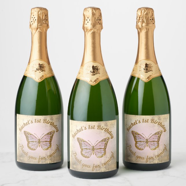 faux gold foil pink glitter Butterfly  Sparkling Wine Label (Bottles)