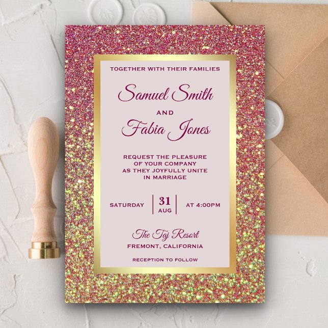 Faux Gold Foil Pink Glitter Wedding Invitation (Creator Uploaded)
