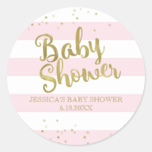 Faux Gold Foil Pink Stripes Baby Shower Girl Favou Classic Round Sticker