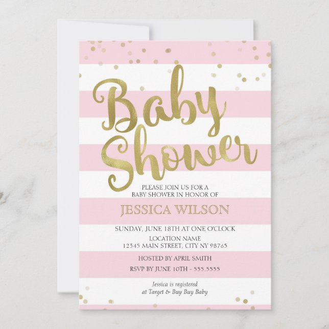 Faux Gold Foil, Pink Stripes Baby Shower Girl Invitation (Front)