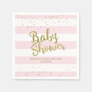 Faux Gold Foil, Pink Stripes Baby Shower Girl Napkin