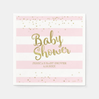 Faux Gold Foil, Pink Stripes Baby Shower Girl Napkin