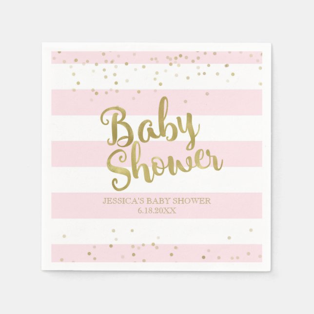 Faux Gold Foil, Pink Stripes Baby Shower Girl Napkin (Front)