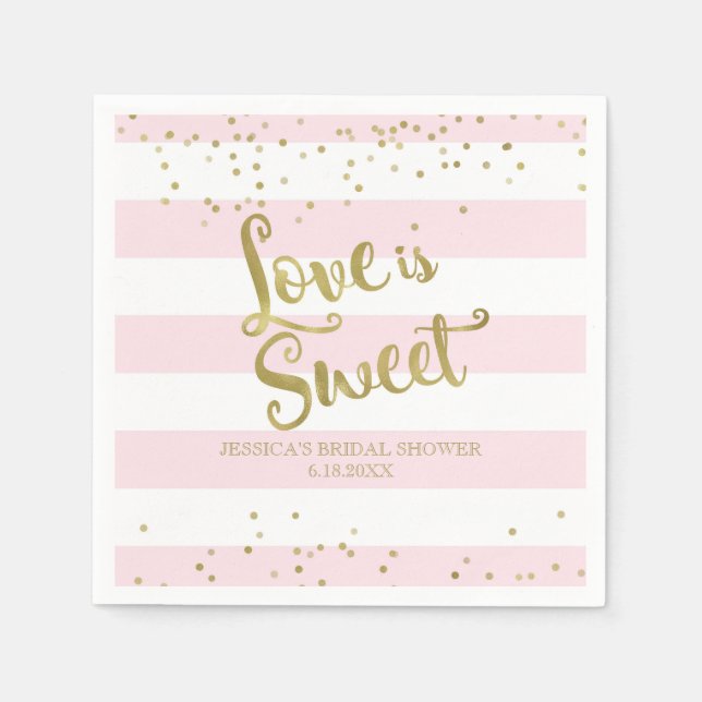 Faux Gold Foil Pink Stripes Love is Sweet Shower Napkin (Front)