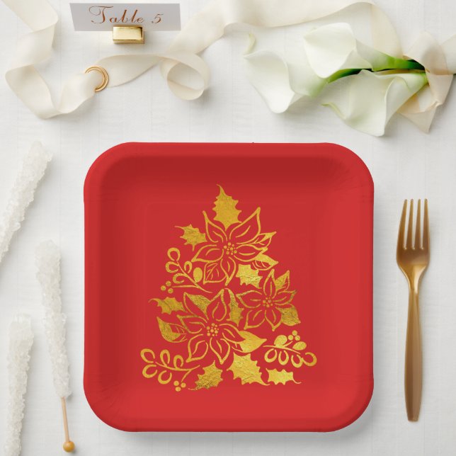 Faux Gold Foil Poinsettias Christmas Trees  Paper Plate (Wedding)