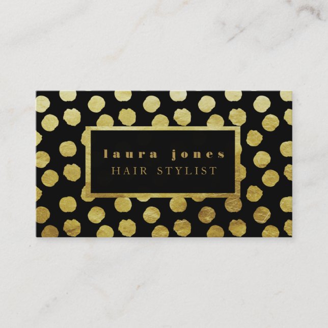 Faux Gold Foil Polka Dots Hair Stylist Template Business Card (Front)